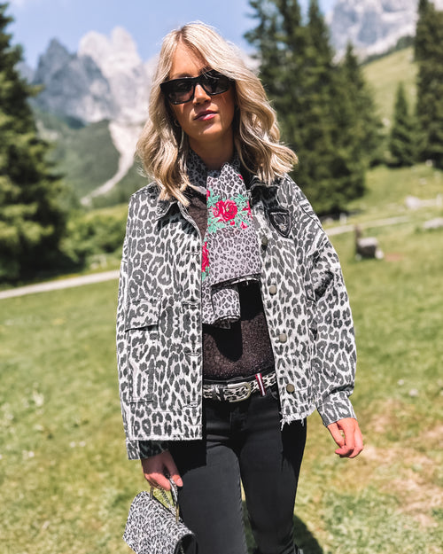 Oversized Jeansjacke „Leopard Grace“ - grau