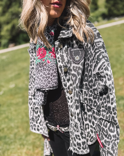 Oversized Jeansjacke „Leopard Grace“ - grau