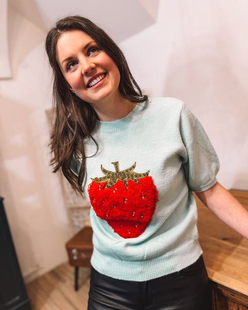 Kurzarm-Pullover „Glimmer Berry“ türkis